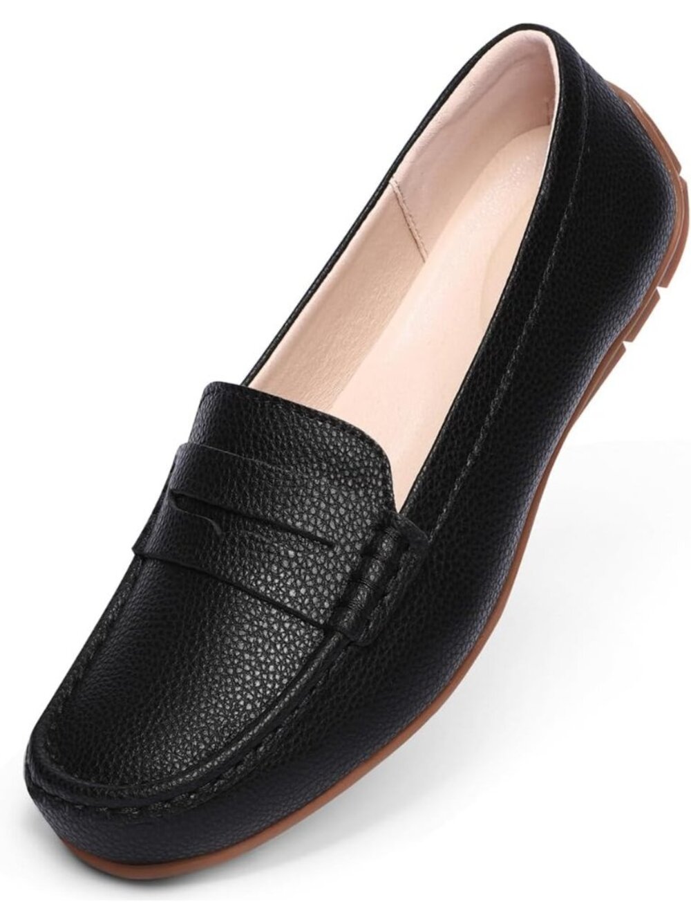 Women's Black Leather Penny Loafers Comfortable Lightweight Slip On Casual Shoes